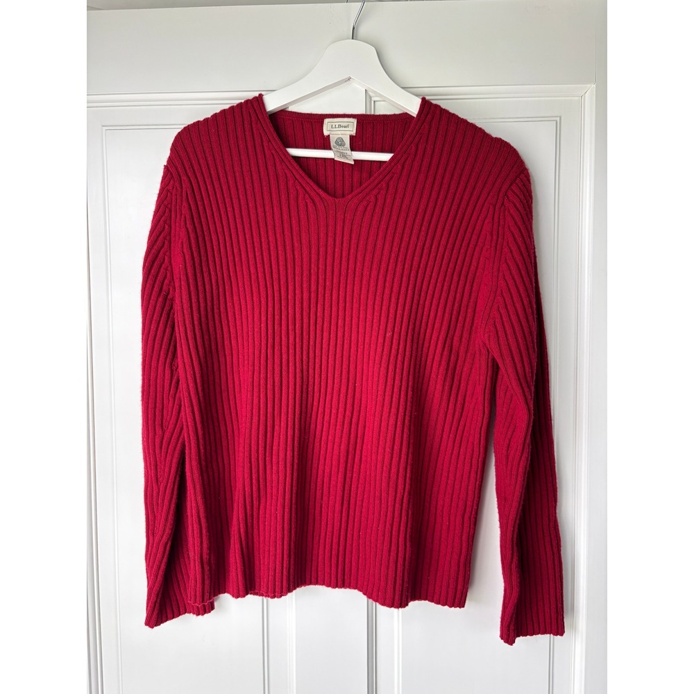 L.L. Bean V-Neck Sweater Large Red Merino Wool Ribbed Knit Long Sleeve